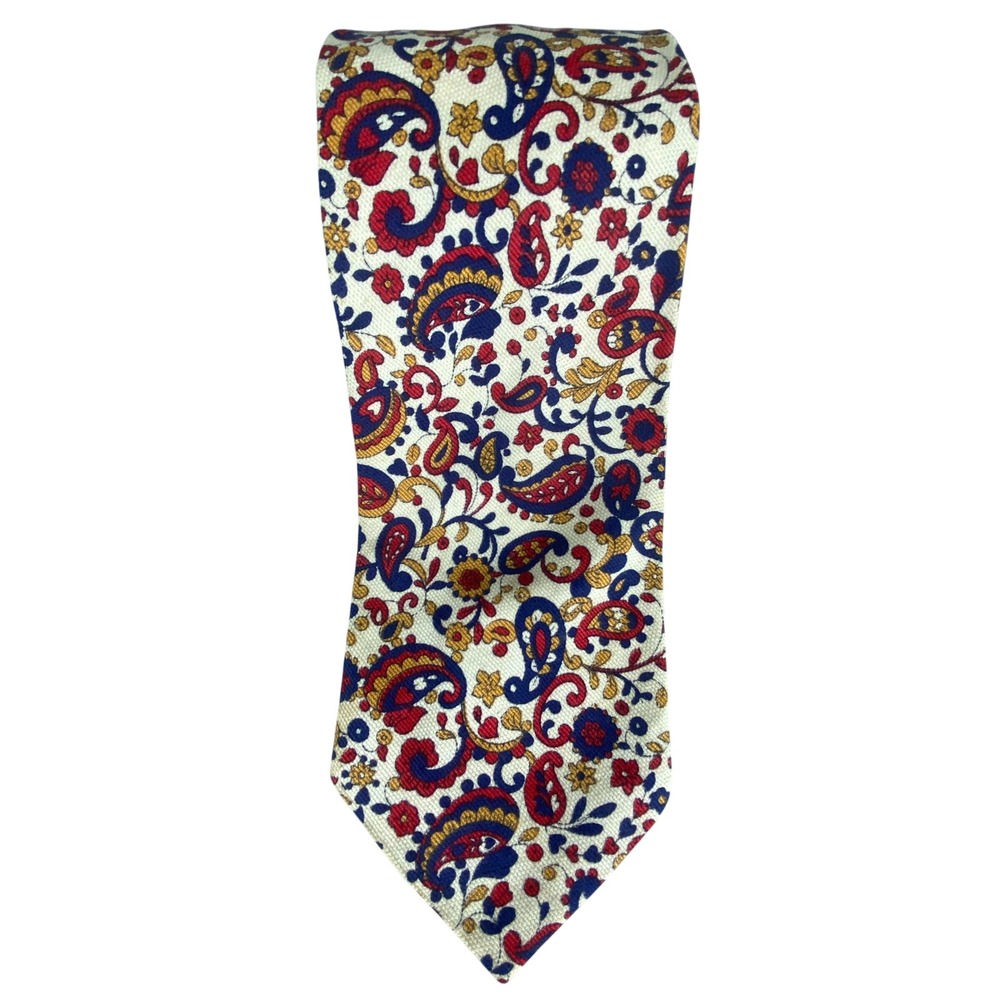 VTG Splash Tie Mens Cream Red Blue Paisley Hopsack Weave Retro Boho 57x3.5